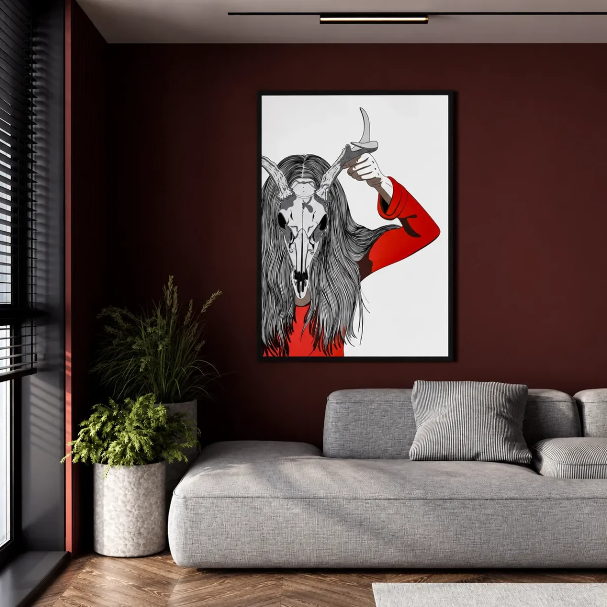 Veil of the Antlered Oracle – Antlered Skull Wall Art Framed Print