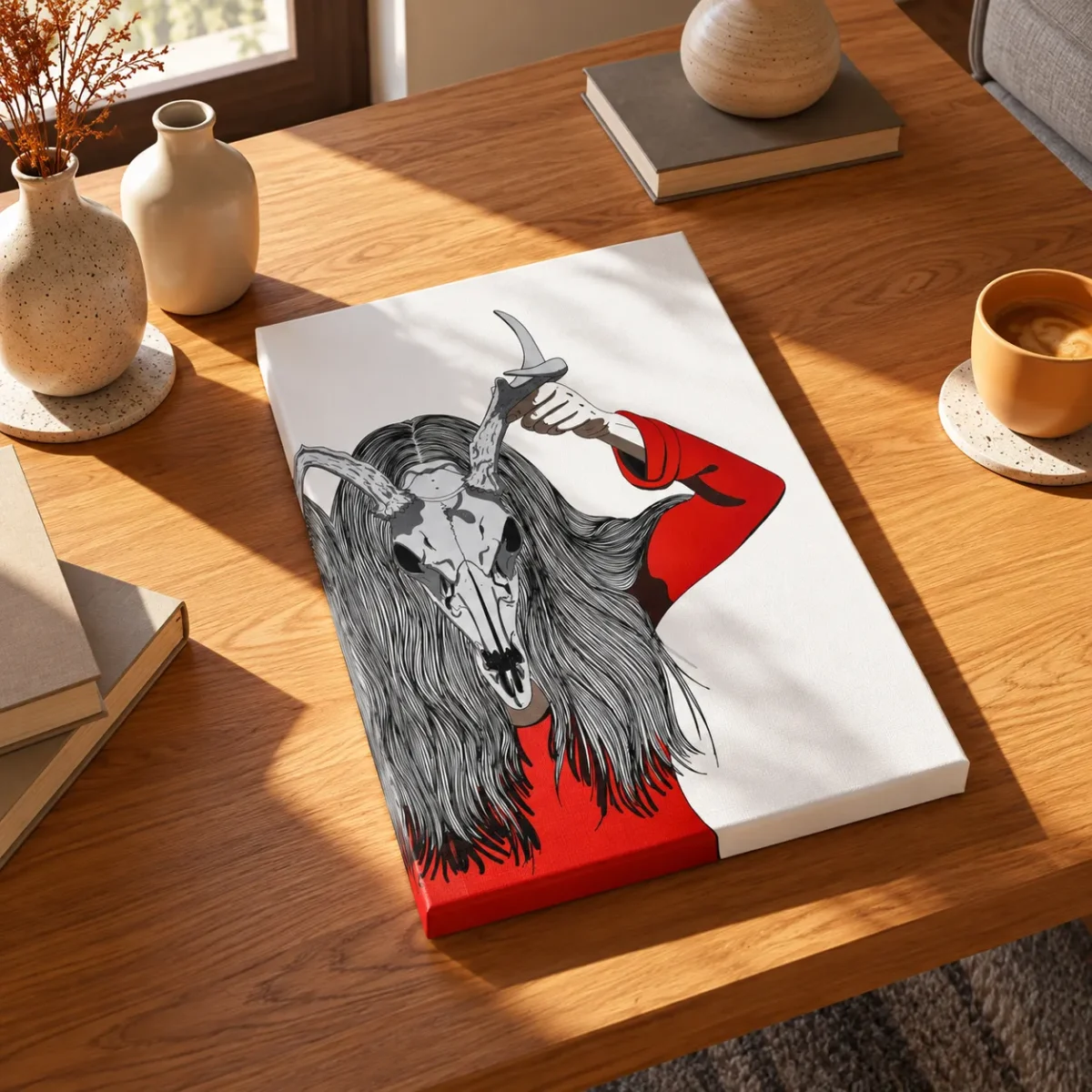 Veil of the Antlered Oracle – Antlered Skull Wall Art Canvas for Gothic Interiors