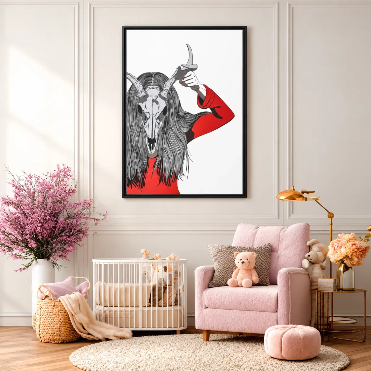 Veil of the Antlered Oracle – Antlered Skull Wall Art Framed Canvas