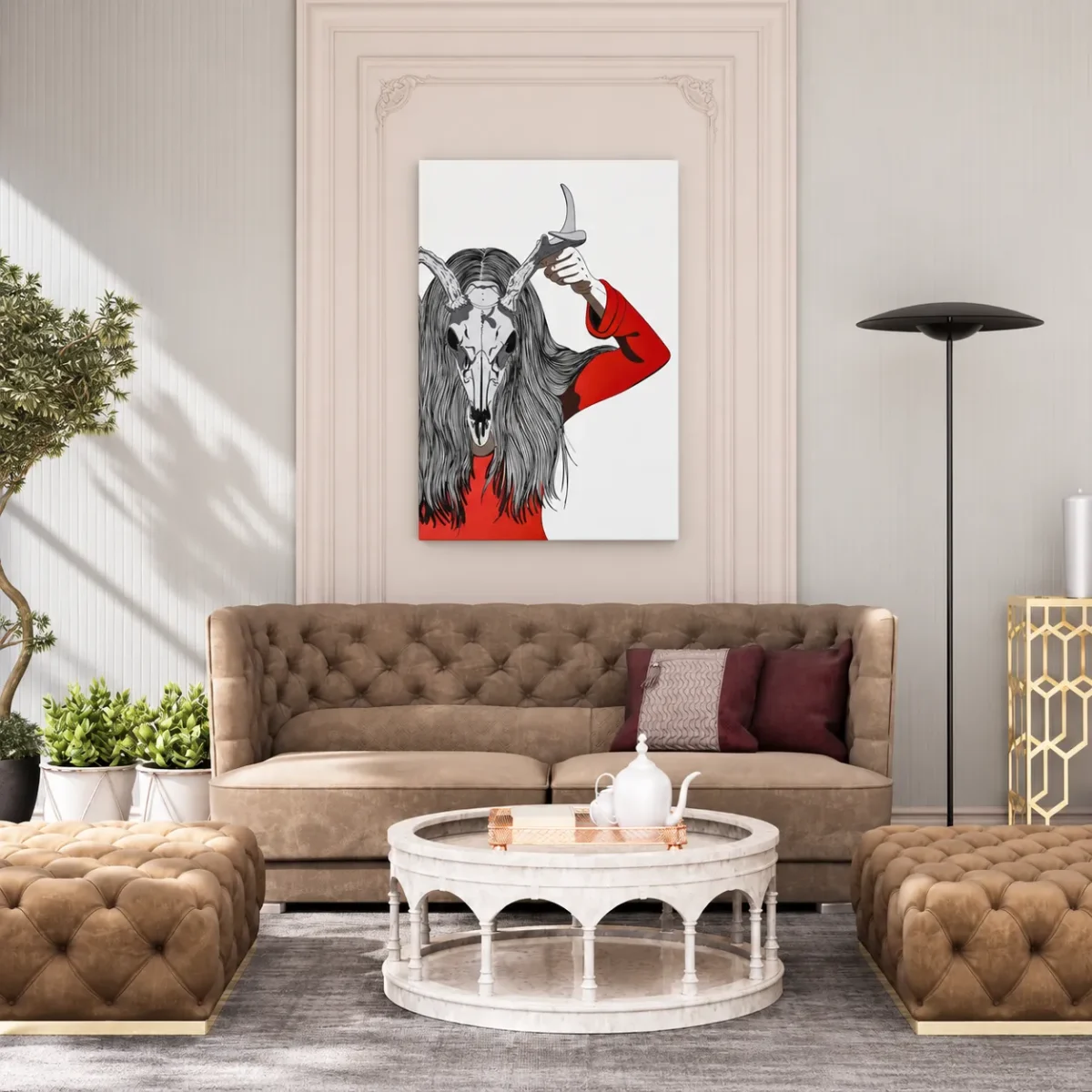 Veil of the Antlered Oracle – Antlered Skull Wall Art Canvas for Gothic Interiors