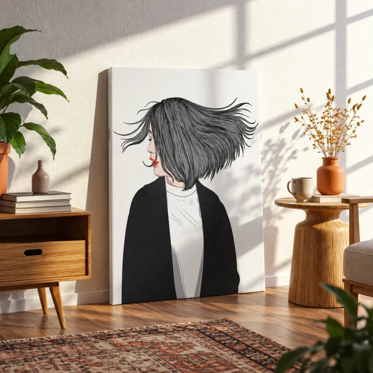 Velvet Gale – Windswept Woman Canvas Wall Art for Modern Fashion Interiors