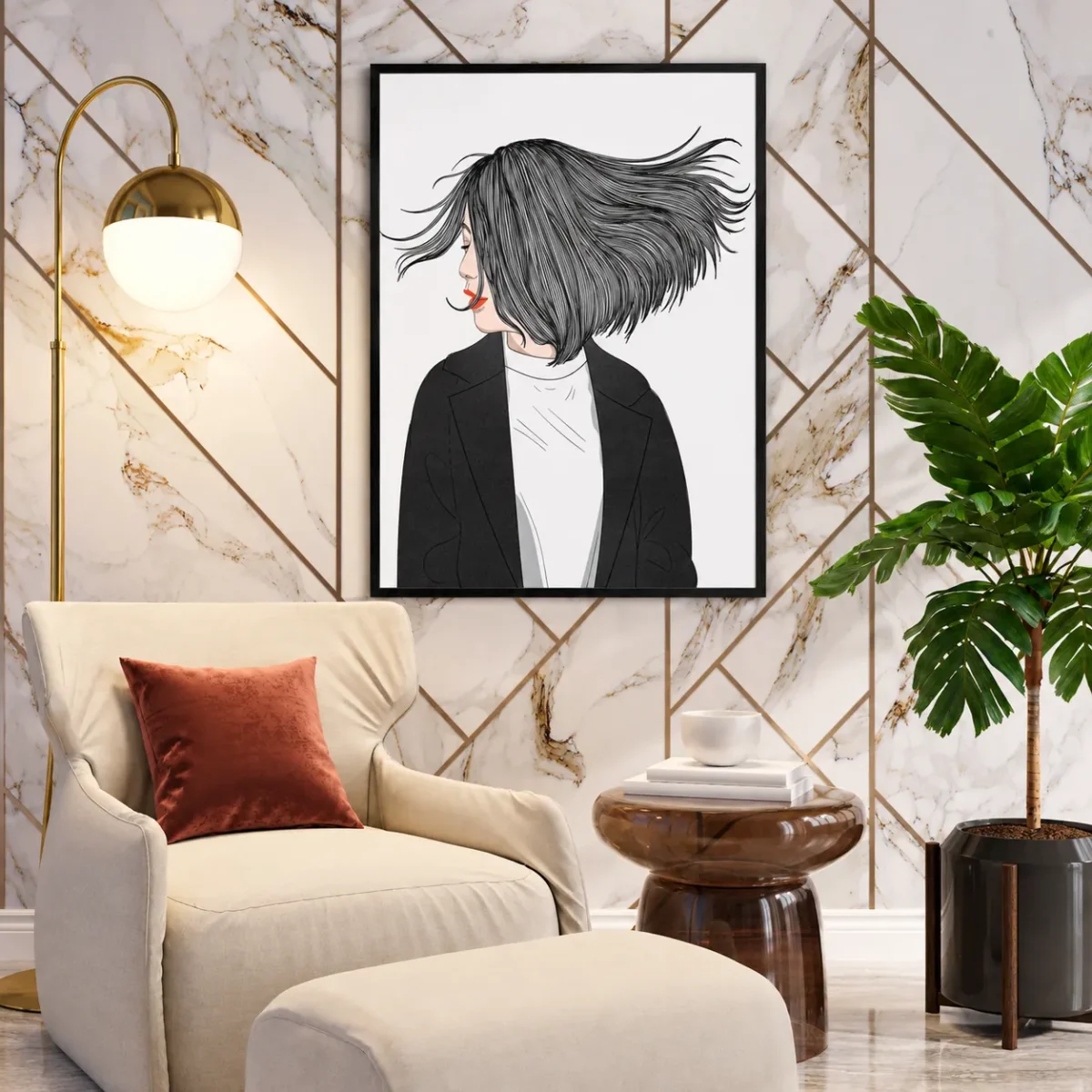 140 (5) Velvet Gale – Windswept Woman Framed Prints for Elegant Modern Interiors