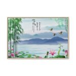 Jade Mist Sanctuary – Bamboo Mountain Framed Canvas, Asian Landscape Wall Art