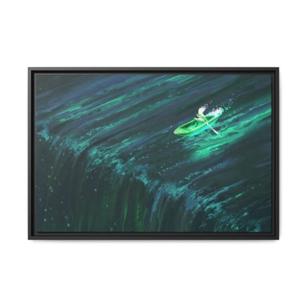 Emerald Wake Boat Framed Canvas Wall Art – Teal Water Landscape for Modern Interiors