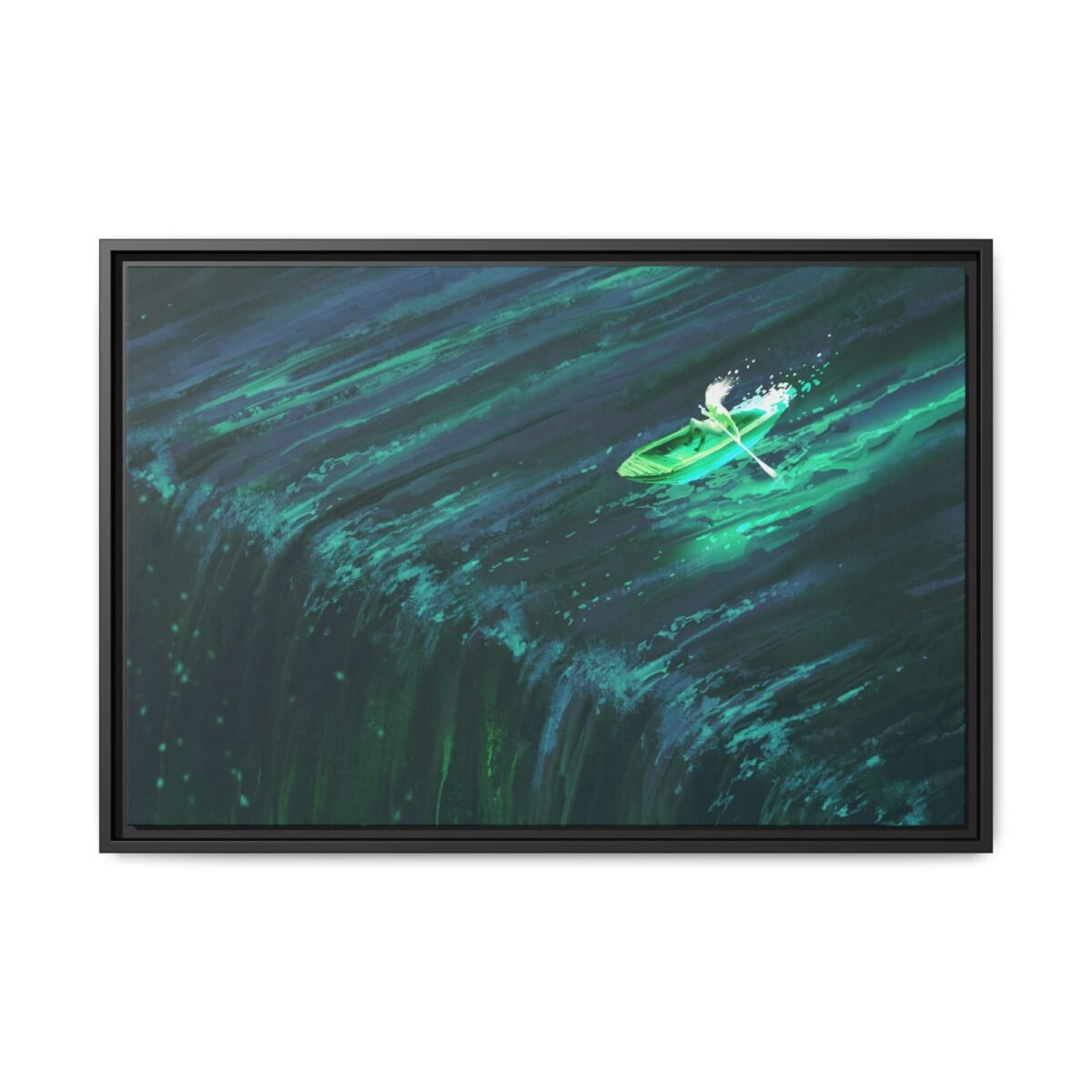 Emerald Wake Boat Framed Canvas Wall Art – Teal Water Landscape for Modern Interiors