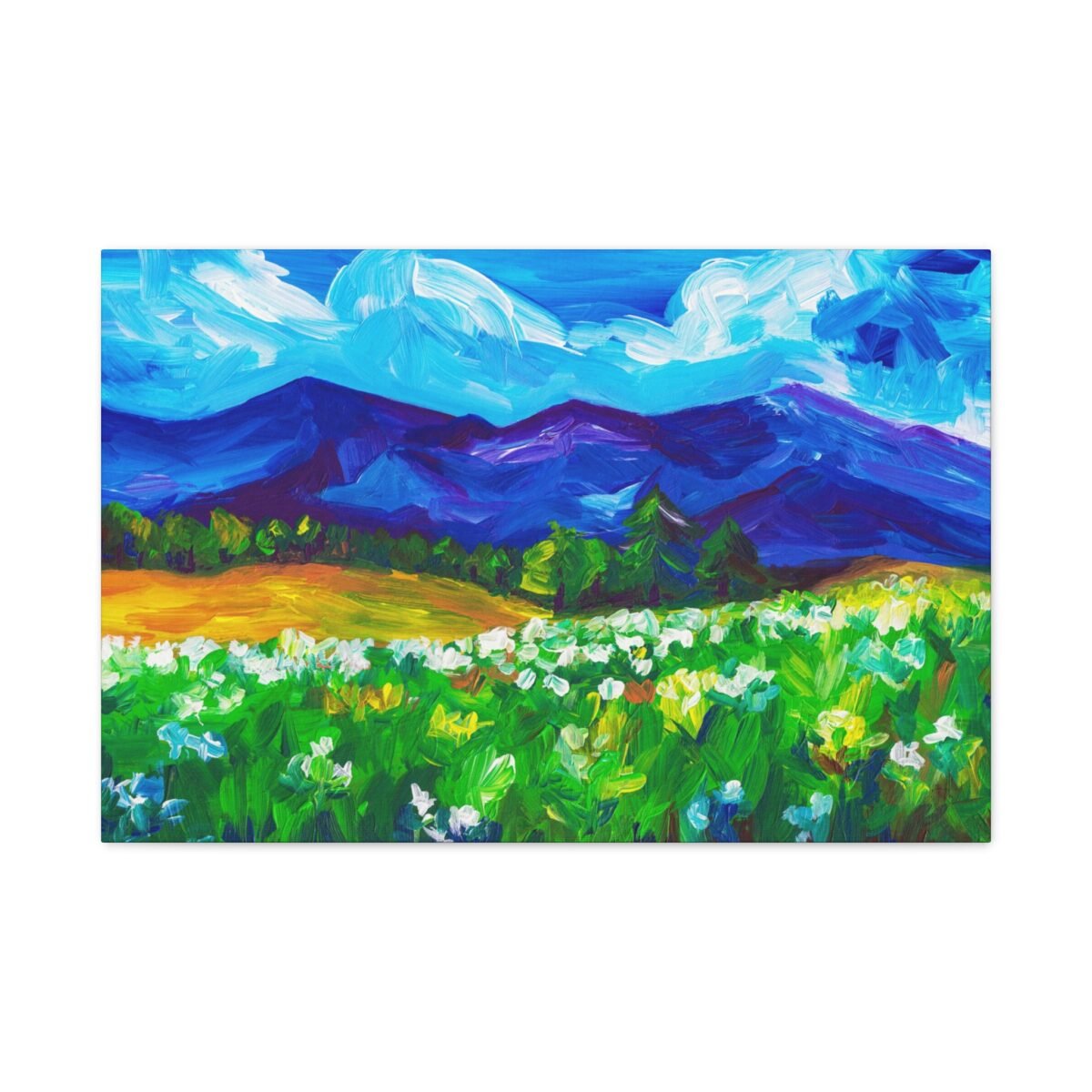 Sapphire Mountain Meadow Wall Art – Expressive Alpine Landscape Matte Canvas Decor
