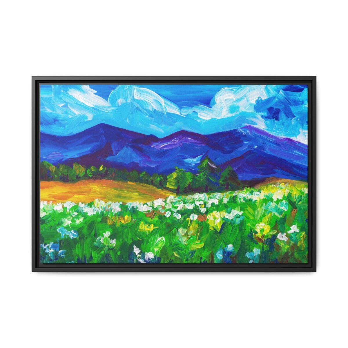Sapphire Mountain Meadow Wall Art – Vivid Alpine Landscape Framed Canvas Decor