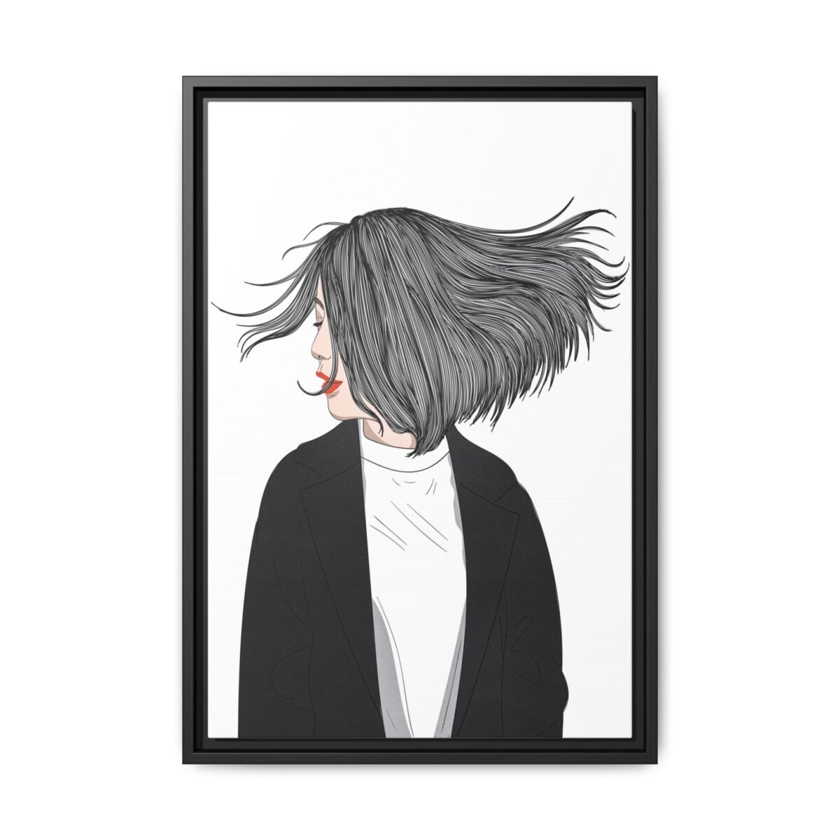 Velvet Gale – Windswept Woman Framed Canvas Wall Art for Modern Interiors