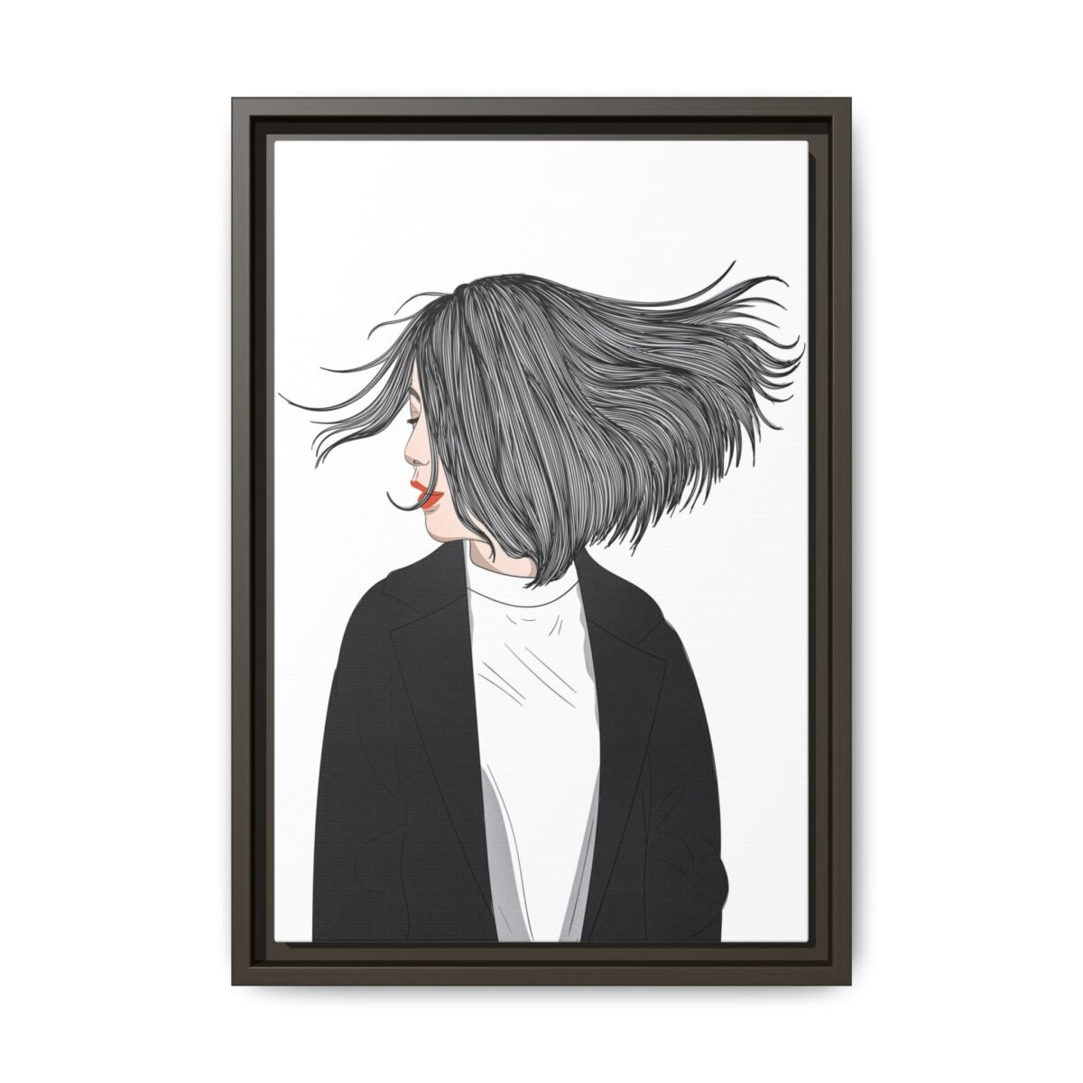 Velvet Gale – Windswept Woman Framed Canvas Wall Art for Modern Interiors