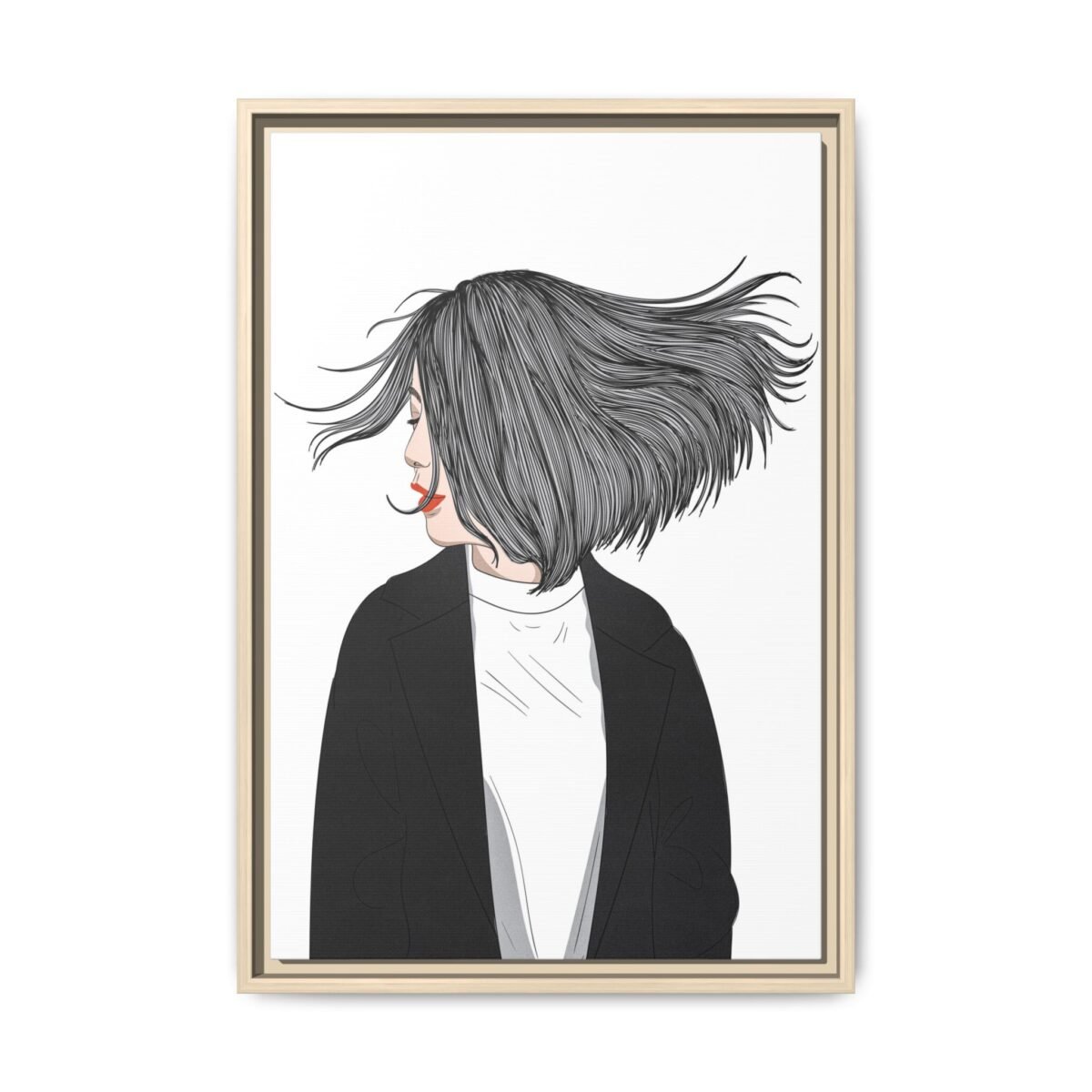 Velvet Gale – Windswept Woman Framed Canvas Wall Art for Modern Interiors