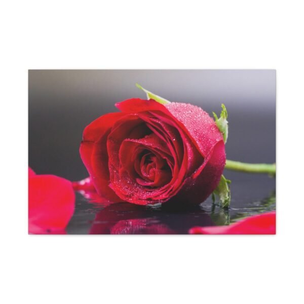 Crimson Dewfall – Red Rose Wall Art, Romantic Floral Canvas for Elegant Interiors
