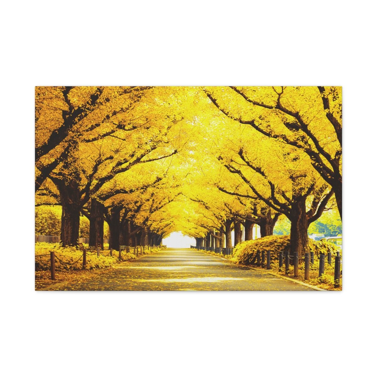 Saffron Canopy Passage – Autumn Golden Tree-Lined Avenue Wall Art Canvas