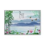 Jade Mist Sanctuary – Bamboo Mountain Framed Canvas, Asian Landscape Wall Art