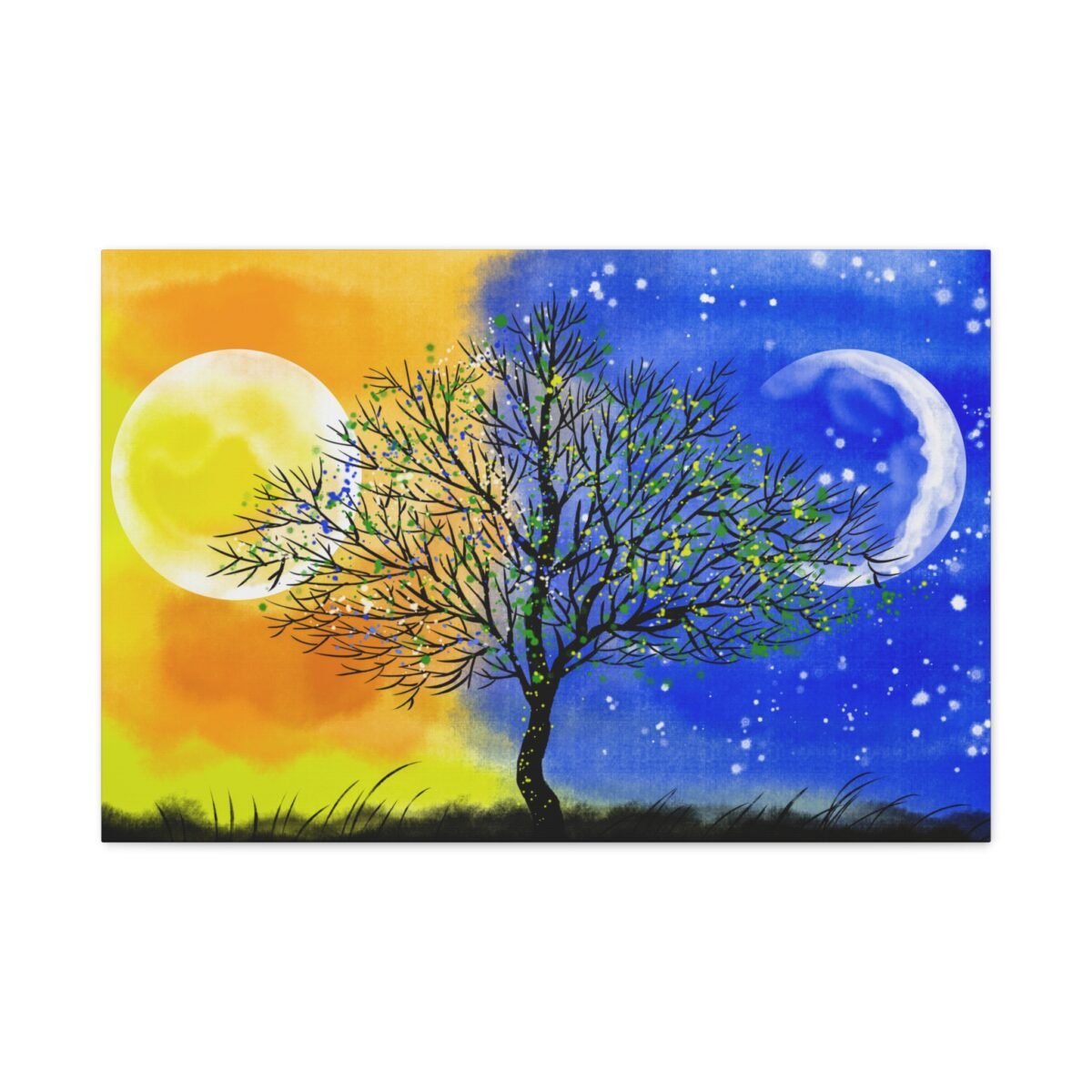 Solar Nocturne Tree Wall Art – Vibrant Day-to-Night Landscape Canvas for Modern Interiors