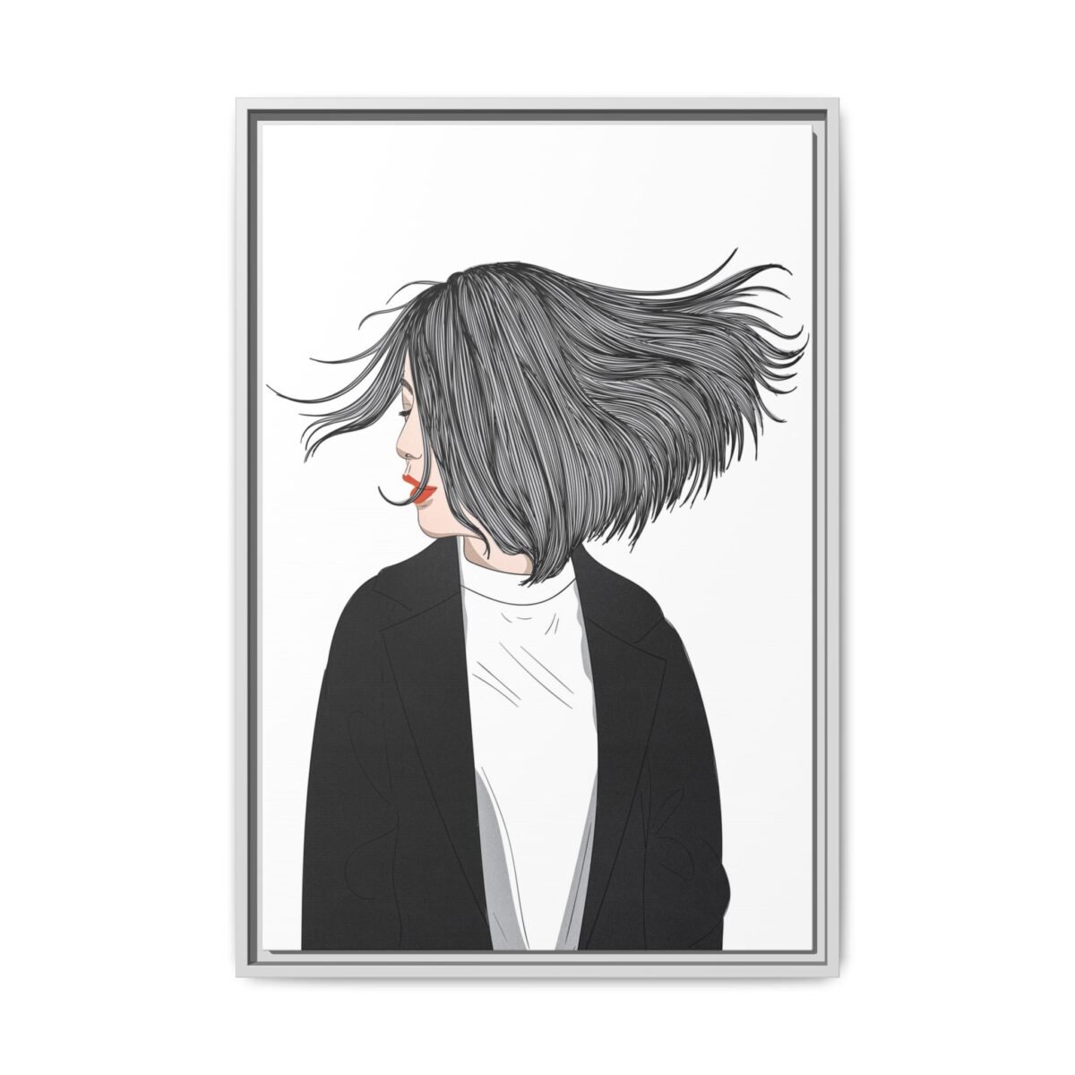 Velvet Gale – Windswept Woman Framed Canvas Wall Art for Modern Interiors
