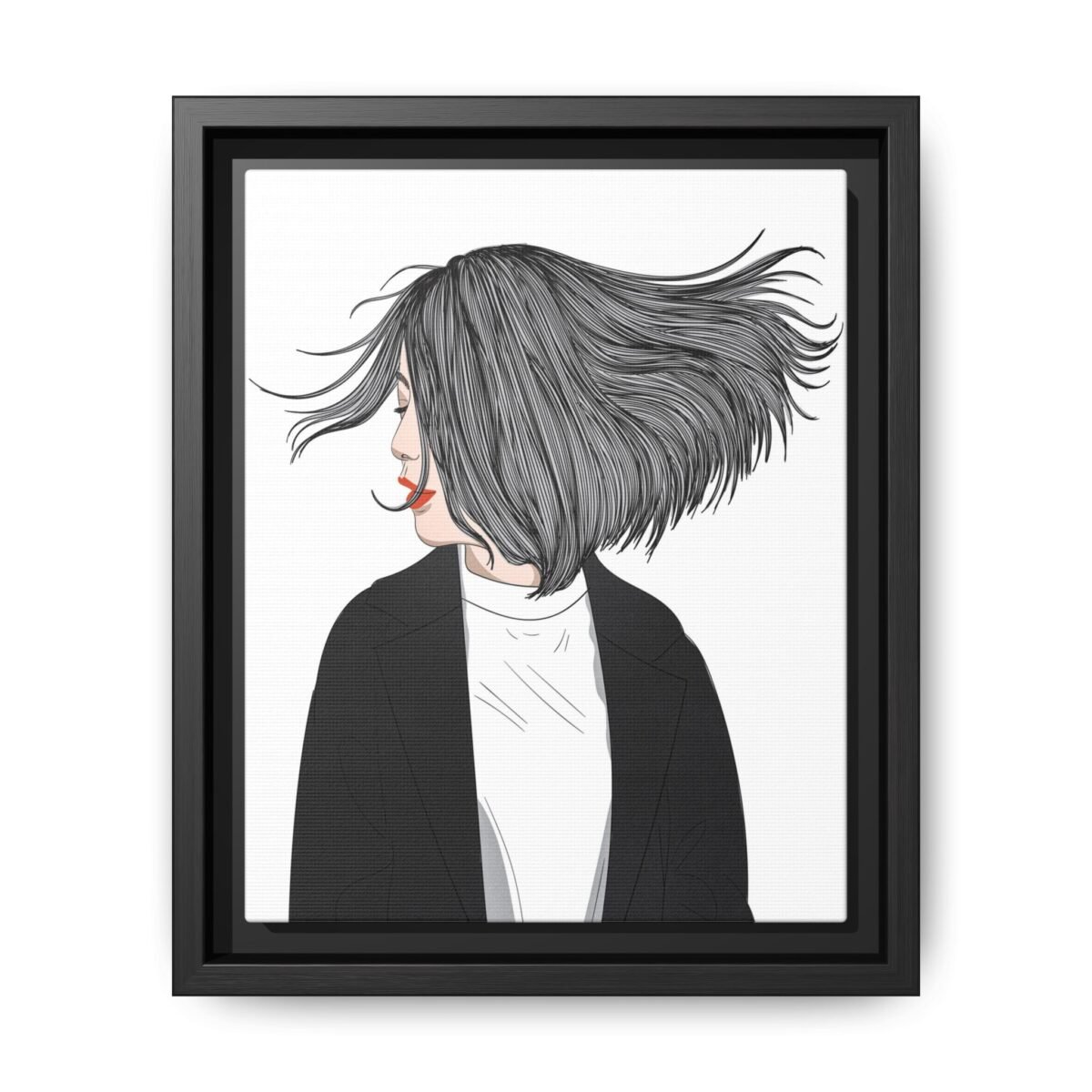 Velvet Gale – Windswept Woman Framed Canvas Wall Art for Modern Interiors