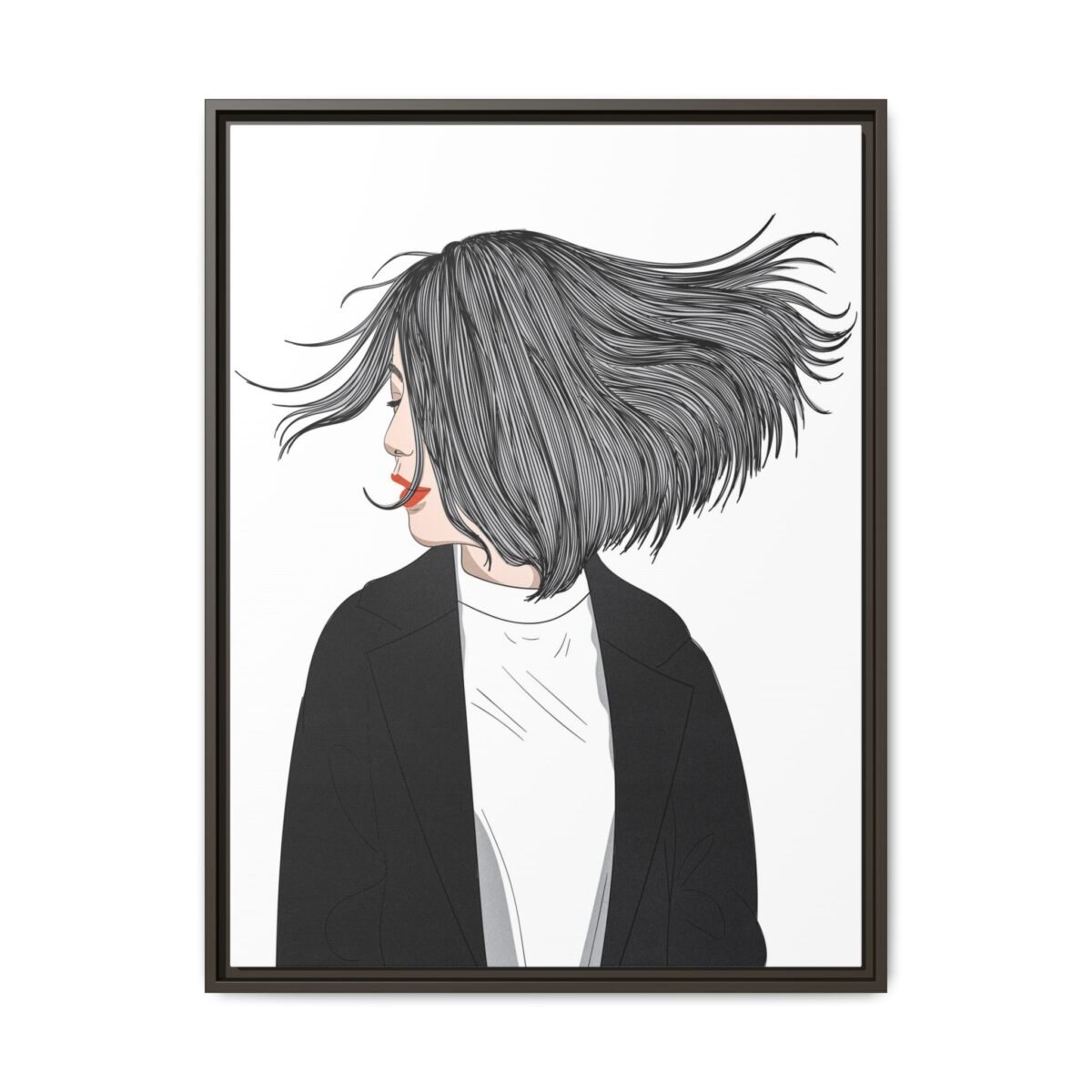 Velvet Gale – Windswept Woman Framed Canvas Wall Art for Modern Interiors