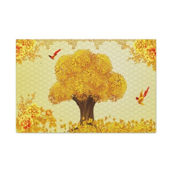 Auspicious Coin Tree Wall Art – Golden Peony, Bird & Prosperity Canvas