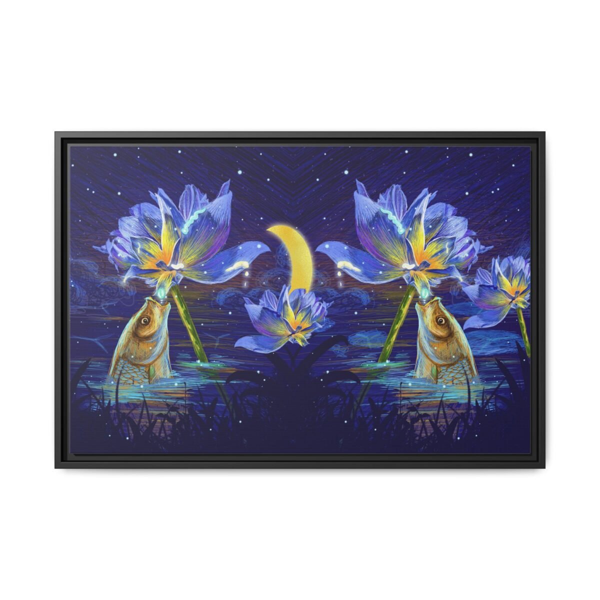 Lunaflora Lotus Fish Wall Art – Enchanted Moonlit Framed Canvas for Modern Homes