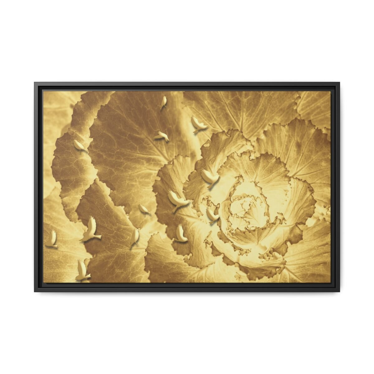 Ochre Avian Reverie – Golden Botanical Wall Art Framed Canvas, Vintage Nature Decor