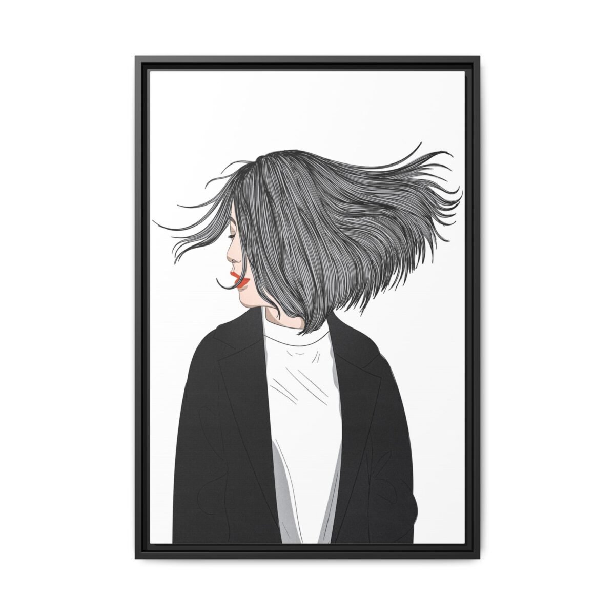 Velvet Gale – Windswept Woman Framed Canvas Wall Art for Modern Interiors