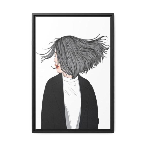 Velvet Gale – Windswept Woman Framed Canvas Wall Art for Modern Interiors