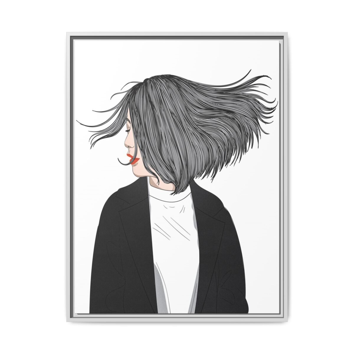 Velvet Gale – Windswept Woman Framed Canvas Wall Art for Modern Interiors