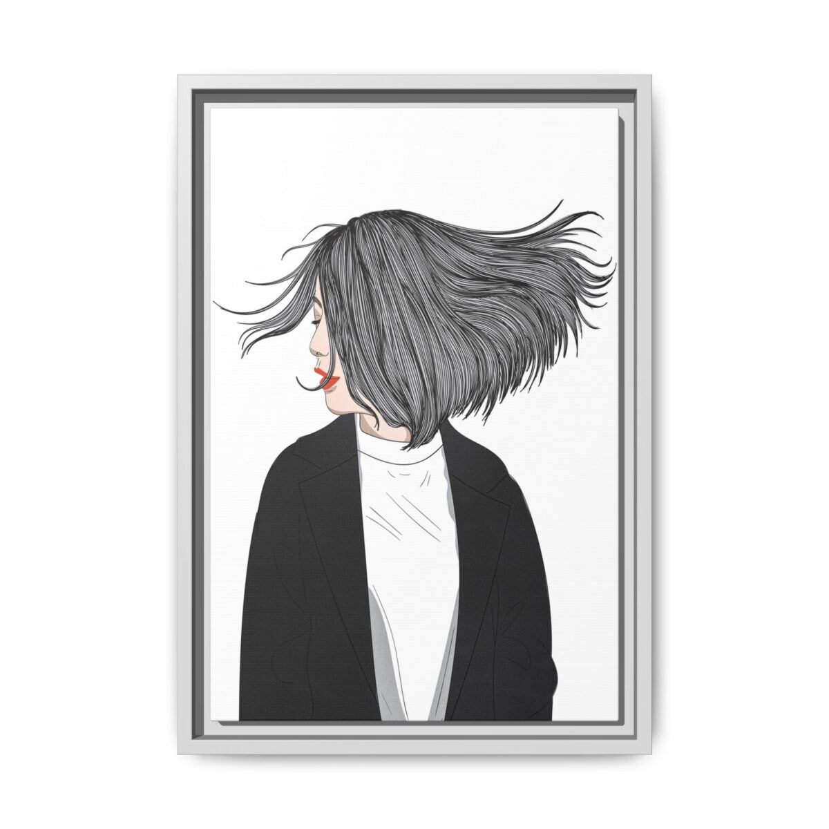 Velvet Gale – Windswept Woman Framed Canvas Wall Art for Modern Interiors