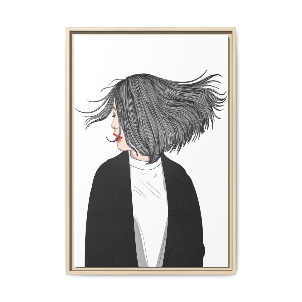 Velvet Gale – Windswept Woman Framed Canvas Wall Art for Modern Interiors