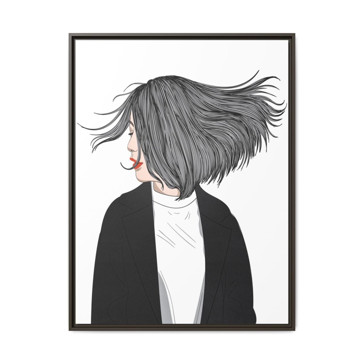 Velvet Gale – Windswept Woman Framed Canvas Wall Art for Modern Interiors