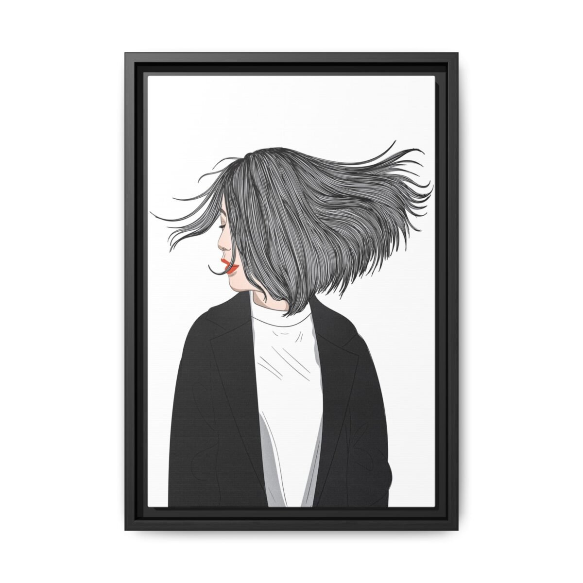 Velvet Gale – Windswept Woman Framed Canvas Wall Art for Modern Interiors
