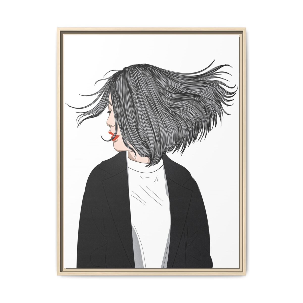 Velvet Gale – Windswept Woman Framed Canvas Wall Art for Modern Interiors