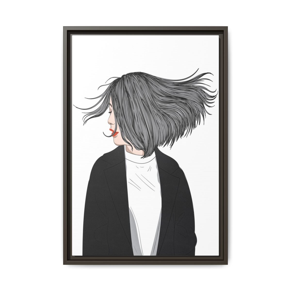 Velvet Gale – Windswept Woman Framed Canvas Wall Art for Modern Interiors