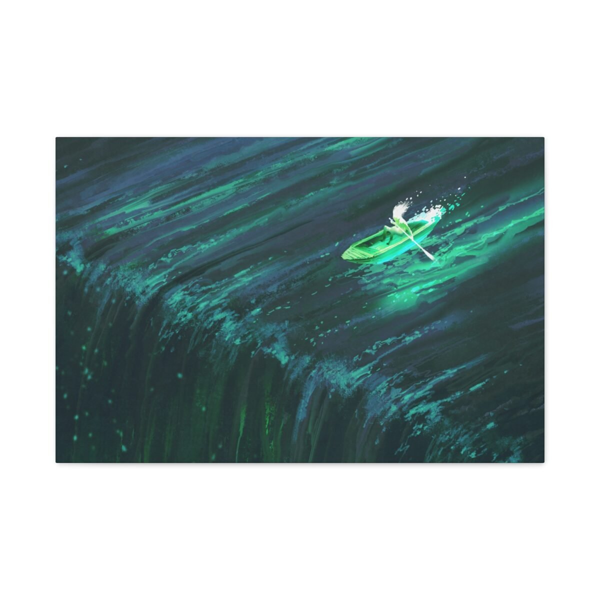 Emerald Wake Boat Canvas Wall Art – Teal Water Abstract Landscape for Modern Interiors