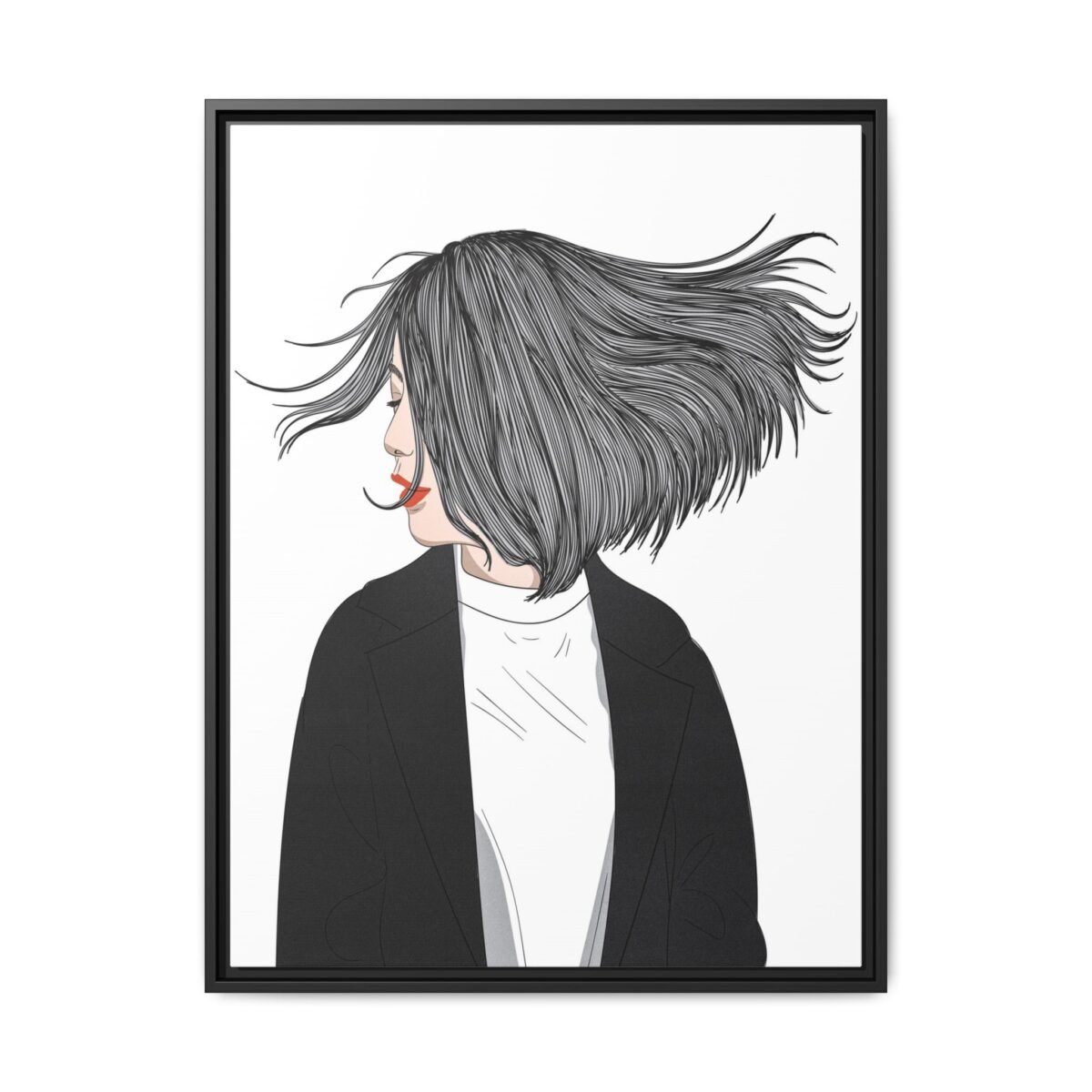 Velvet Gale – Windswept Woman Framed Canvas Wall Art for Modern Interiors