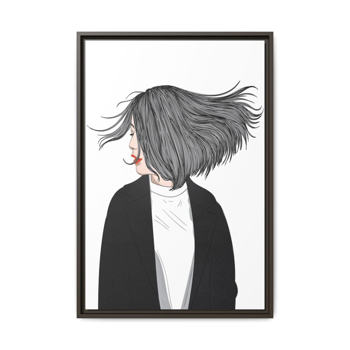 Velvet Gale – Windswept Woman Framed Canvas Wall Art for Modern Interiors
