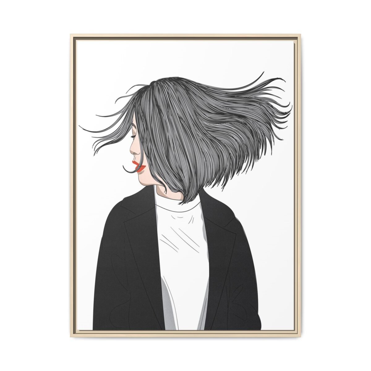 Velvet Gale – Windswept Woman Framed Canvas Wall Art for Modern Interiors