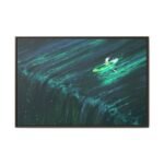 Emerald Wake Boat Framed Canvas Wall Art – Teal Water Landscape for Modern Interiors