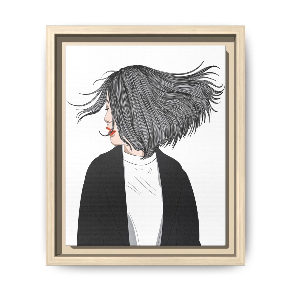Velvet Gale – Windswept Woman Framed Canvas Wall Art for Modern Interiors